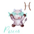 Watercolor illustration Pisces Bull Symbol of the year 2021 Zodiac Funny and cute Cow New Year illustration