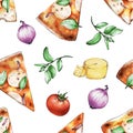Watercolor illustration, Pizza margarita, Italian cuisine , Raster illustration, Isolated on whiteSeamless Pattern