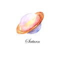 Watercolor illustration of the planet Saturn on a white background. Colorful drawing for space illustrations on the theme of astro