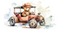 Watercolor illustration of a plush teddy bear driving an old vintage car