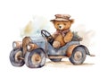 Watercolor illustration of a plush teddy bear driving an old vintage car