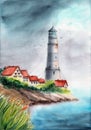 Watercolor illustration of a Portland Head Light lighthouse
