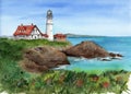 Watercolor illustration of the Portland Head lighthouse