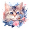 watercolor illustration portrait of a cute tabby cat surrounded by blue and pink flowers on a white background Royalty Free Stock Photo