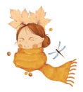 Autumn halloween mood. Watercolor illustration of portrait of girl in scarf, leaves, dragonfly, hawthorn berries. Flat Royalty Free Stock Photo