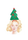 Watercolor illustration of a portrait of a girl wearing a Christmas hat Royalty Free Stock Photo