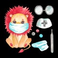 Watercolor illustration portrait of a lion cub nurse Hand painted medicine animal doctor clipart