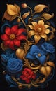 Watercolor illustration poster with intertwined flowers and leaves, red, gold, black, blue, very cute, Royalty Free Stock Photo