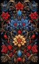 Watercolor illustration poster with intertwined flowers and leaves, red, gold, black, blue, very cute, Royalty Free Stock Photo