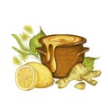 Watercolor illustration with a pot of honey, lemon, ginger root and lime flowers. on a white background