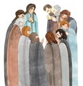 Watercolor illustration of the prayer of the apostles, people, the Day of the Holy Trinity, Pentecost, Trinity.