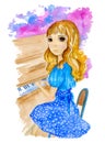 Watercolor illustration about pretty blonde girl in blue dress playing the piano on the colorful background.