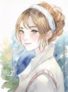 A watercolor illustration of a pretty young woman in a white coat. Royalty Free Stock Photo