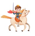 Watercolor illustration of a prince riding a galloping horse. Knight Riding Horse. Isolated on a white background