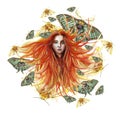 Watercolor illustration of a print of a red-haired girl with developing hair in the wind with green eyes, expressive facial featur Royalty Free Stock Photo