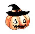 Watercolor illustration of a pumpkin orange red with an intimidating black smile and glowing eyes in a witch`s black hat with an