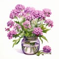 Watercolor Illustration Of Purple Flowers In A Glass Vase