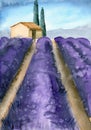 Watercolor illustration of a purple lavender field with a distant house Royalty Free Stock Photo