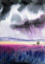 Watercolor illustration of purple lavender field with distant misty mountains Royalty Free Stock Photo