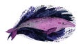 Watercolor illustration of a purple whale on a white background.