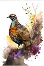 Watercolor illustration of a quail on a background of watercolor splashes