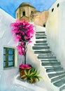 Watercolor illustration of a quarter with stairs and white houses of Santorini Royalty Free Stock Photo