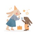 Watercolor illustration with rabbit characters - Mom and child. Kids celebration with gifts, stars and magic. Children Happy
