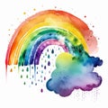 Watercolor illustration of rainbow and cloud, season weather. Rainy day. Generative AI
