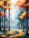 watercolor illustration of rainy forest