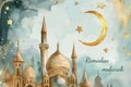 watercolor illustration with Ramadan elements, crescent moon