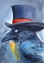 Watercolor illustration of a raven with black and blue feathers wearing a top hat