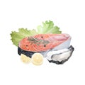 Watercolor illustration of raw salmon steak with lemon, peppercorns, oyster, rosemary and lettuce isolated on white