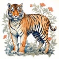 Watercolor illustration realistic of a fullbody tiger and flowers on white background.