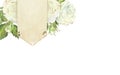 Watercolor illustration. Rectangular template for wedding invitations with white roses. Place for inscription or text