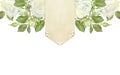 Watercolor illustration. Rectangular template for wedding invitations with white roses. Place for inscription or text