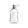 Watercolor illustration rectangular transparent glass bottle. Insulated, empty with cork and rope. Storage capacity or