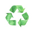 Watercolor illustration of Recycle icon with green artistic brush strokes and stains.