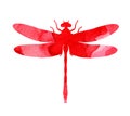 Watercolor illustration of a red abstract dragonfly with paint stripes.