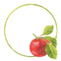 Watercolor illustration of a red apple with a sprig of leaves.