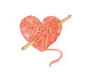 Watercolor illustration of a red ball of wool in the shape of a heart with a crochet in it