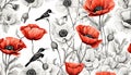 Watercolor illustration. Red and black and white watercolor poppies with birds on white background Royalty Free Stock Photo