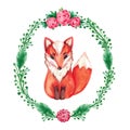 Watercolor illustration of red Fox decorative frame of flowers on white isolated background. Hand painted animal Royalty Free Stock Photo