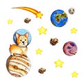 Watercolor illustration of a red-haired corgi puppy in a helmet in open space stands on Jupiter,