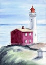 Watercolor illustration of a red house with a lighthouse and a white hedge Royalty Free Stock Photo