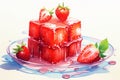 Watercolor illustration of red jelly cubes with strawberries. Ideal for art prints, recipe book, culinary blog, creative Royalty Free Stock Photo