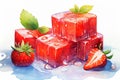 Watercolor illustration of red jelly cubes with strawberries. Ideal for art prints, recipe book, culinary blog, creative Royalty Free Stock Photo