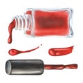 Watercolor illustration. Red nail polish is poured from a bottle, a lid with a brush and a smear of paint. Isolated on a Royalty Free Stock Photo
