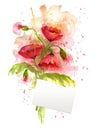 Watercolor illustration of red poppy flowers and small card for messages.