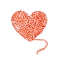 Watercolor illustration of a red skein of thread in the shape of a heart. Logo for knitters.