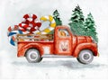 Watercolor illustration of a red truck with bear driver